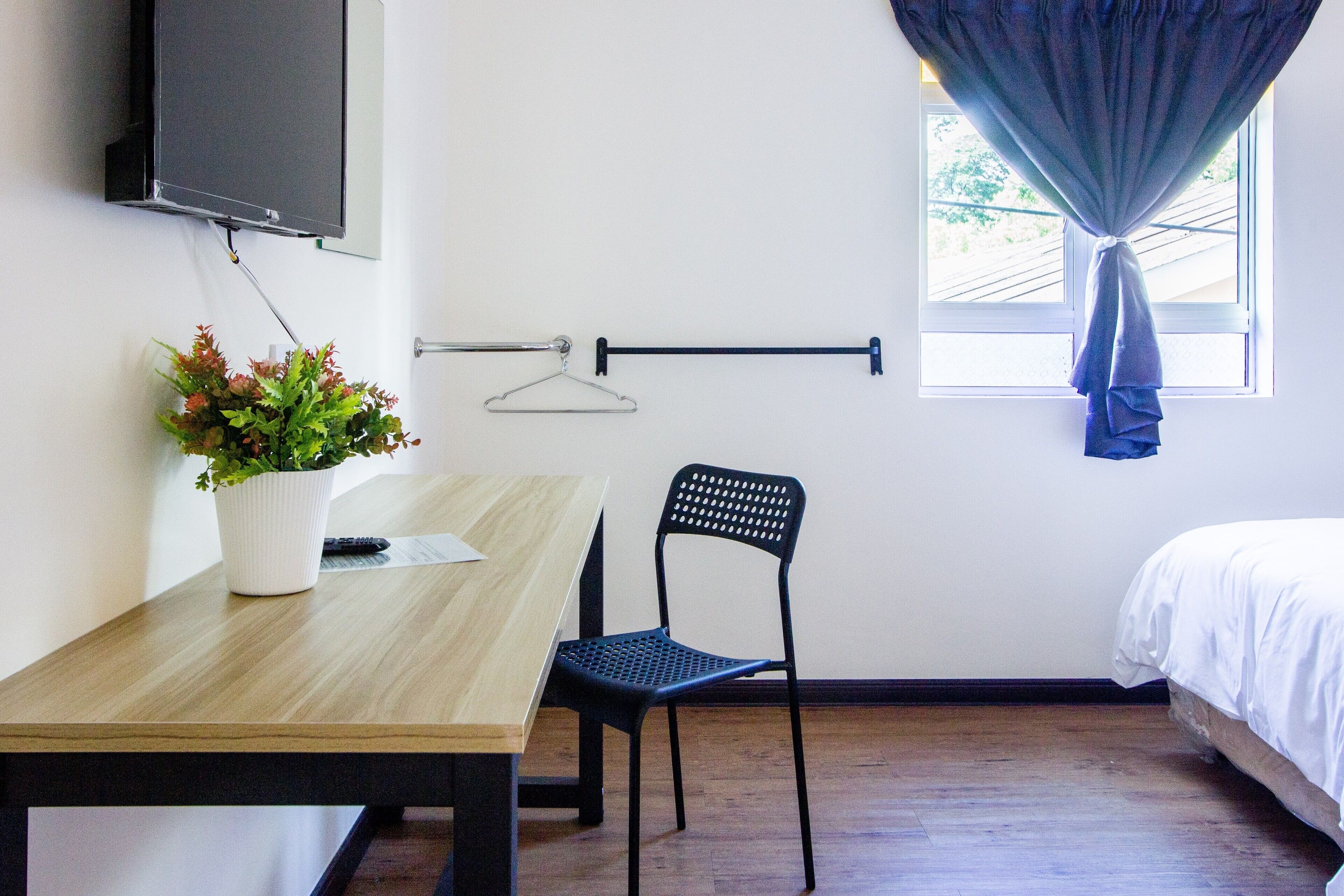 A room with a wooden table, a black chair, a potted plant, a TV mounted on the wall, a window with curtains, and a bed.