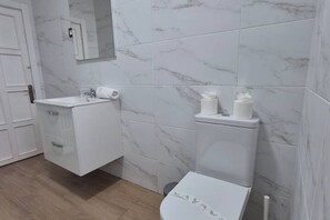 A bathroom with a white sink, mirror, toilet, and marble tiles. - 648A2 Apartamentos Mareval (Oviedo)