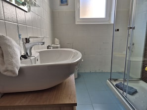 Shower, hair dryer, towels