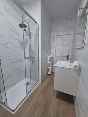 Shower, hair dryer, towels