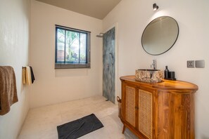 Shower, hair dryer, towels