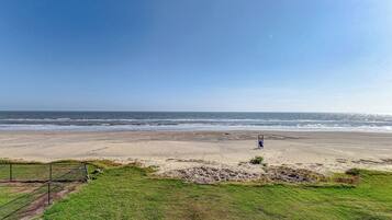 On the beach, sun-loungers, beach towels