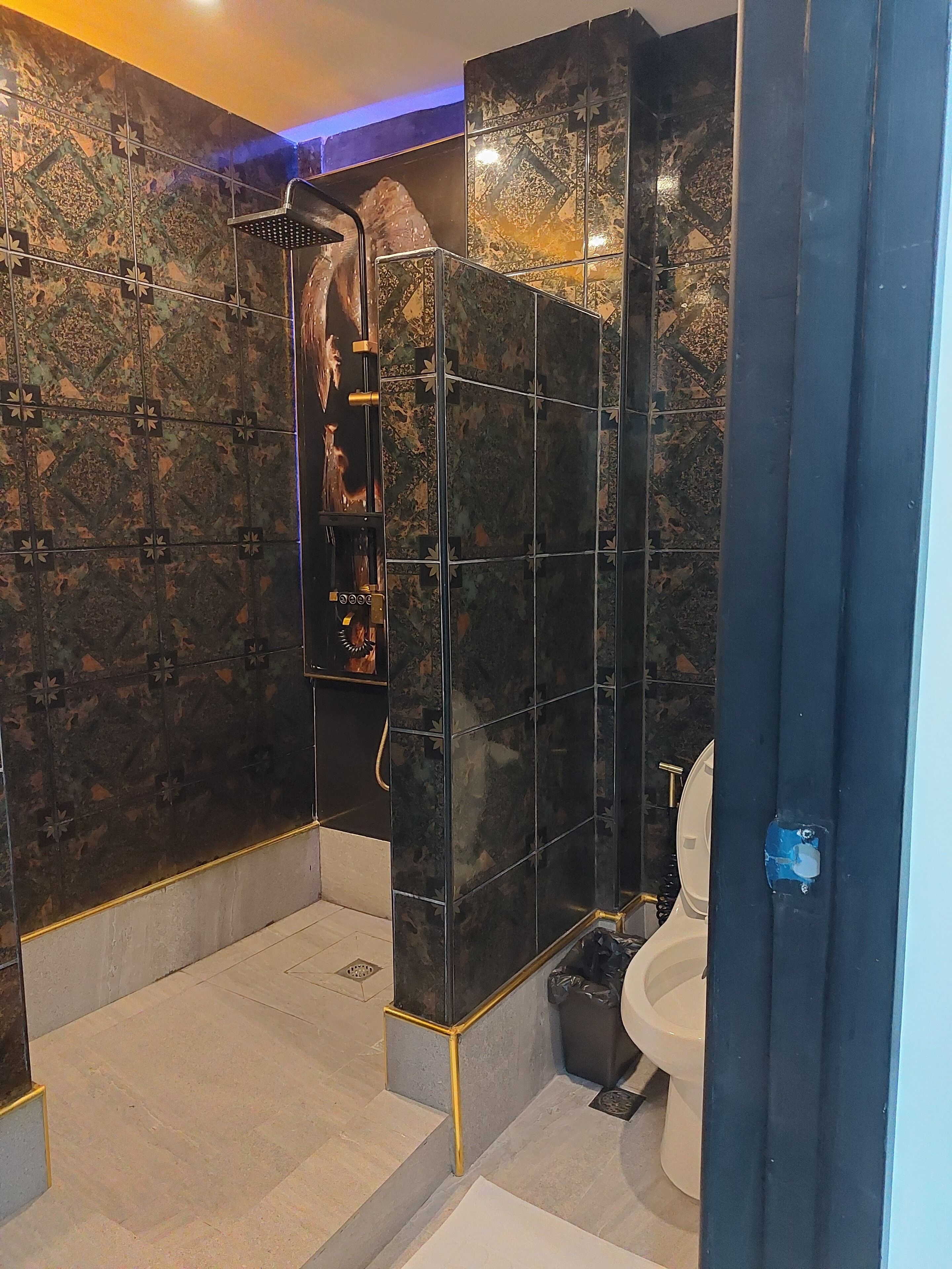 A modern bathroom with a shower enclosure, a toilet, and a sink.
