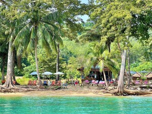 A beach with palm trees, a thatched-roof hut, and beach chairs.