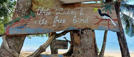 A wooden sign with various messages including 'Food, Drink & Good vibes', 'Three Ladies & The Free Bird', and 'Free Hamac'.