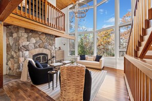 Smart TV, fireplace, books, stereo