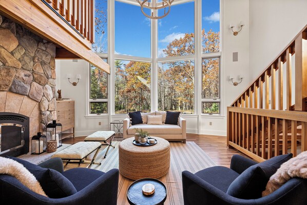 Smart TV, fireplace, books, stereo