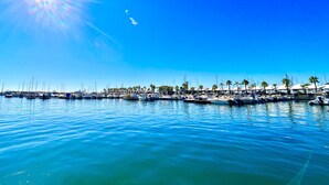 Un puerto deportivo con barcos amarrados bajo un cielo azul despejado.