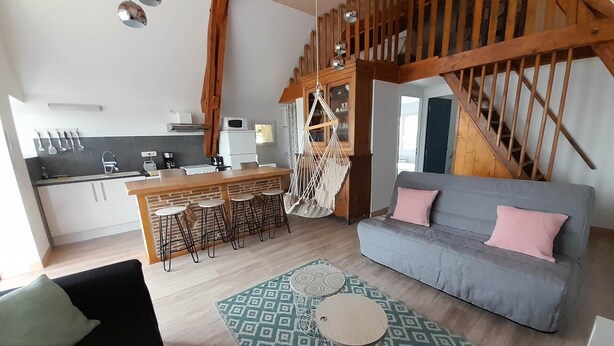 A modern kitchen with a bar area, a grey sofa, and a hanging chair. - Gite HERMINIE et NICOLAS (Cambes)