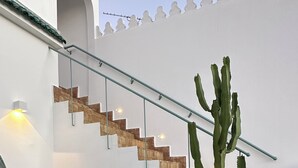 Un escalier avec une rampe en verre, un cactus dans un pot, un banc et un sol carrelé.