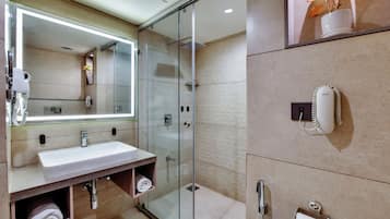 Shower, free toiletries, towels, soap