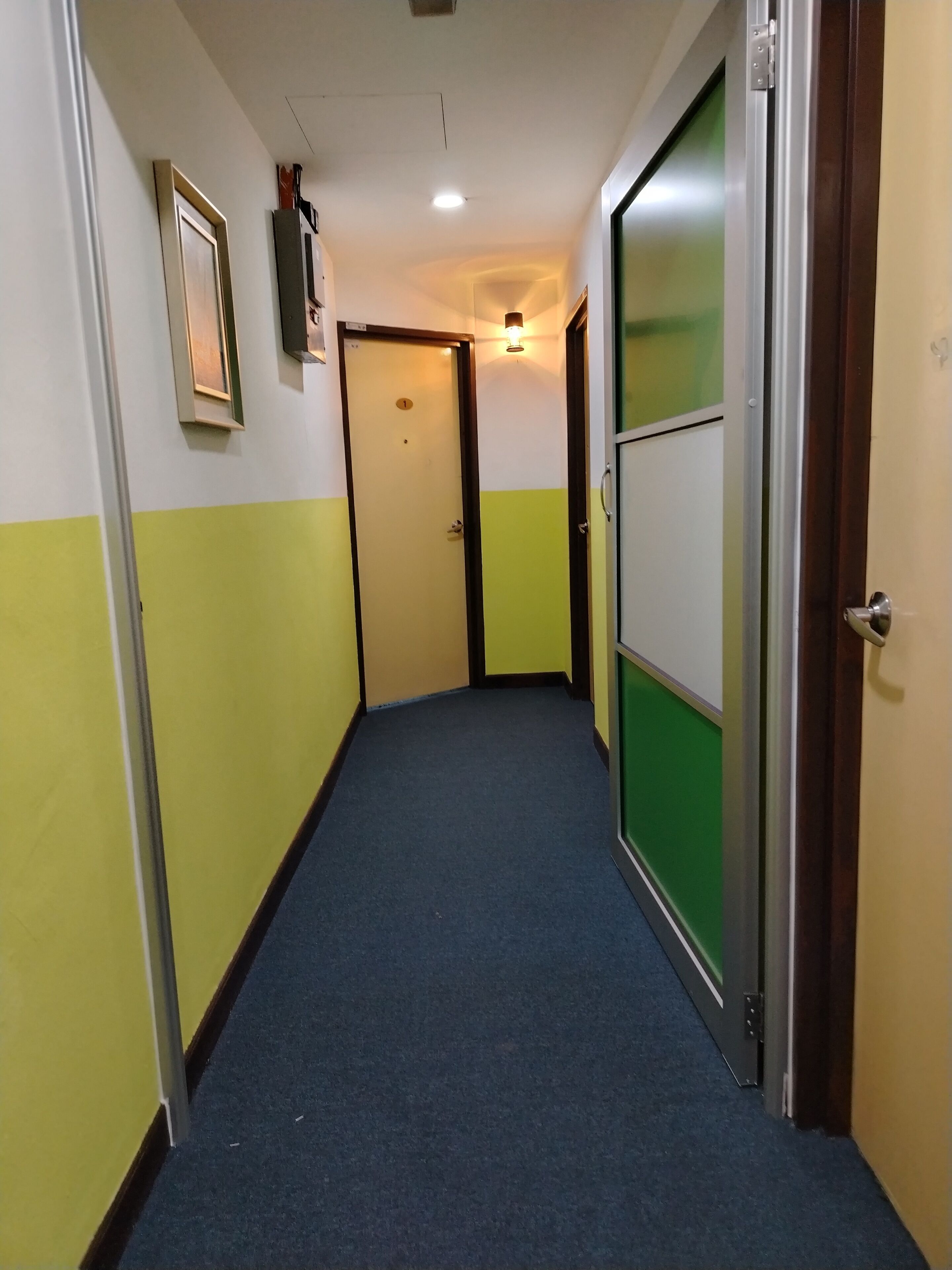A narrow hallway with a blue carpet, yellow and white walls, and doors with green panels.