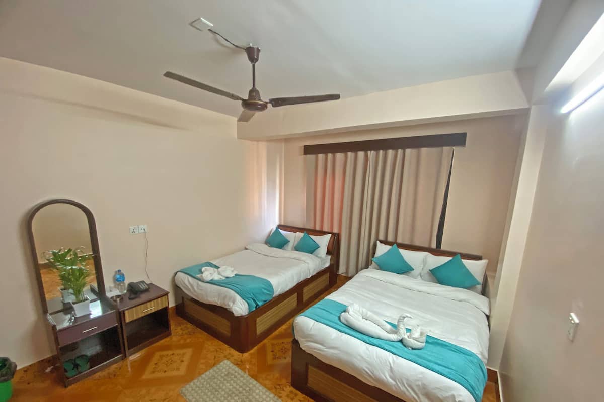 A hotel room with two single beds, a ceiling fan, a mirror, a small table with a plant, and a rug on the floor.