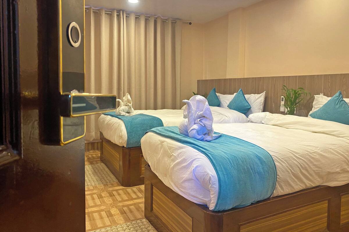 A hotel room with two beds, each with a blue blanket and white pillows. There is a mirror on the door, and the room has a wooden headboard and a plant on the nightstand.