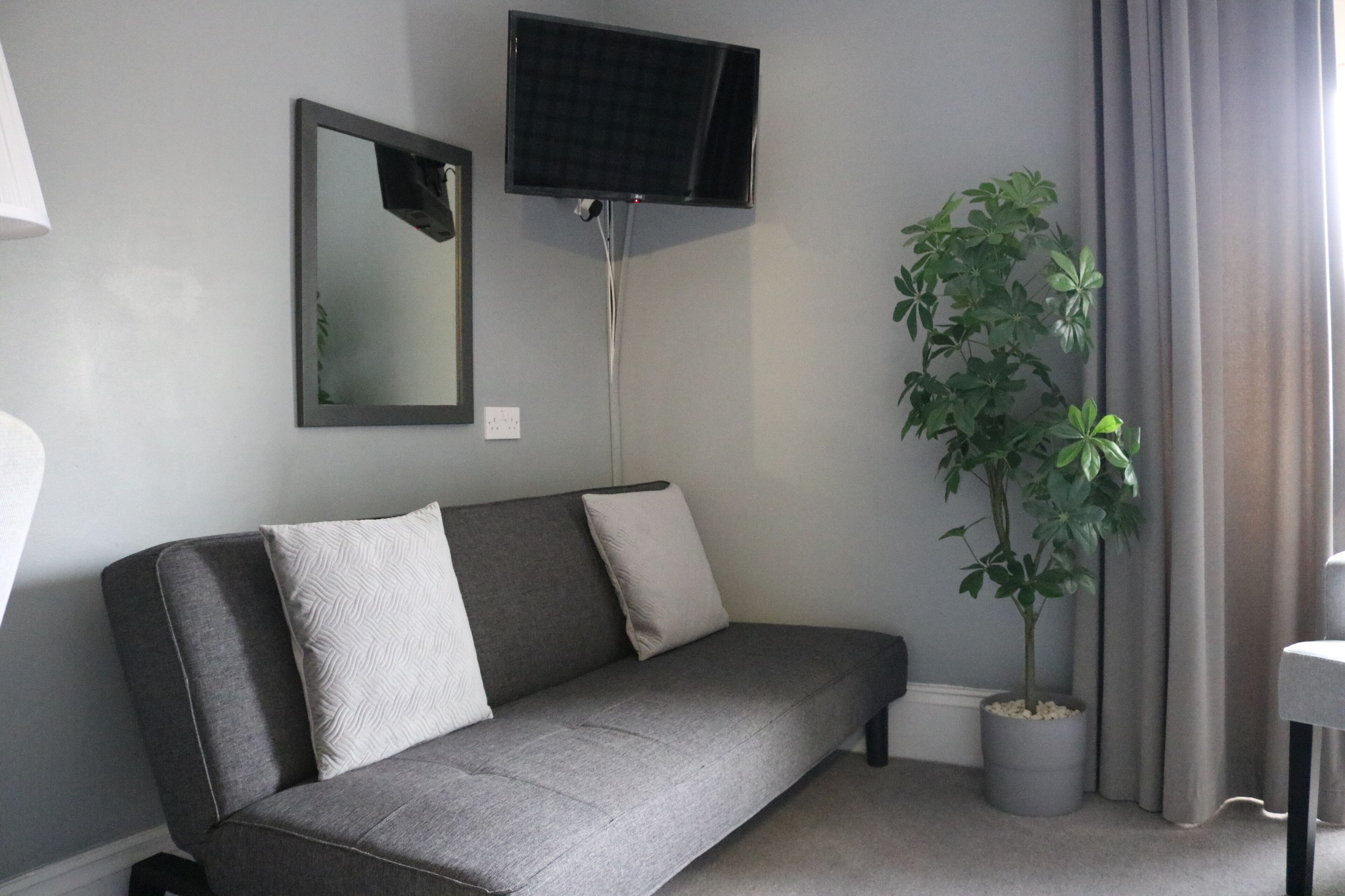 A grey sofa with white and patterned cushions, a flat-screen TV mounted on the wall, and a potted plant beside a window with curtains.