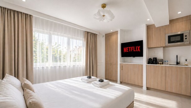 Een hotelkamer met een groot bed, een kitchenette, een televisie en uitzicht op de omgeving.