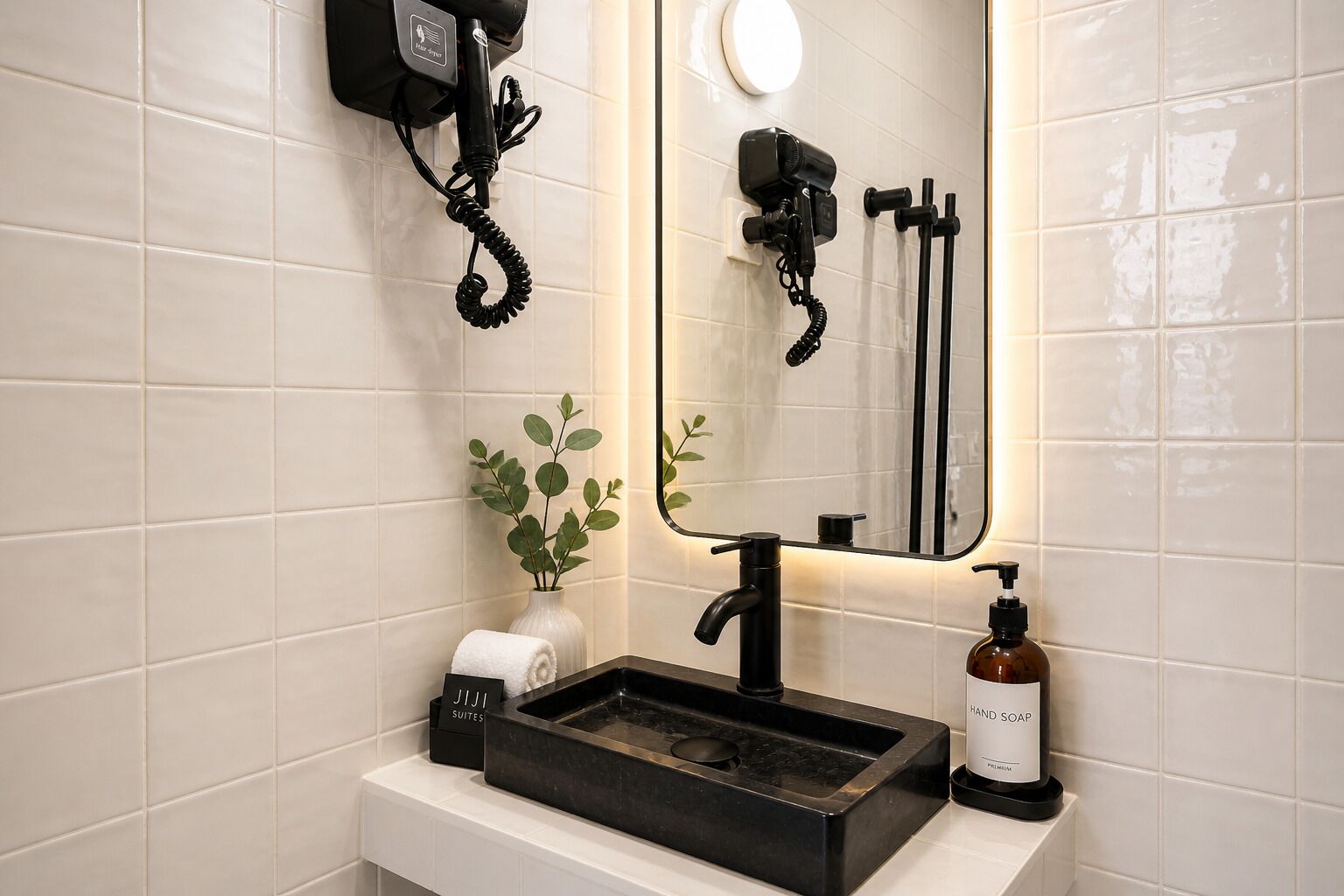 A bathroom with a black sink, a mirror, a hairdryer, and a hand soap dispenser.
