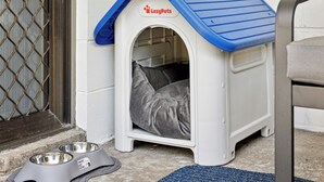 A pet house with a blue roof and a grey interior, placed next to a door and a pet bowl.