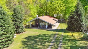 Une maison moderne dotée d’un patio couvert, entourée d’une végétation luxuriante et d’arbres.