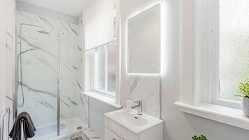 Shower, hair dryer, towels, toilet paper