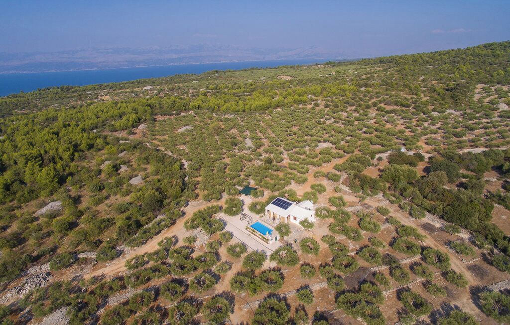 An aerial view of a property with a house surrounded by dense vegetation and a clear view of the sea.
