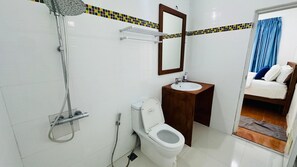 Une salle de bain équipée d’une douche, de toilettes, d’un lavabo et d’un miroir.
