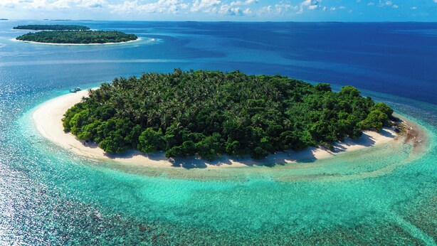 Vista aérea de una isla tropical con una zona central boscosa, rodeada de aguas turquesas cristalinas y playas de arena.
