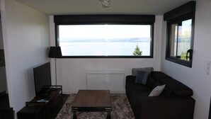 A modern living room with a large window, a dark brown sofa, a wooden coffee table, and a lamp. - 2 pieces, garden level, Vue imprenable sur le Lac Léman (Évian-les-Bains)