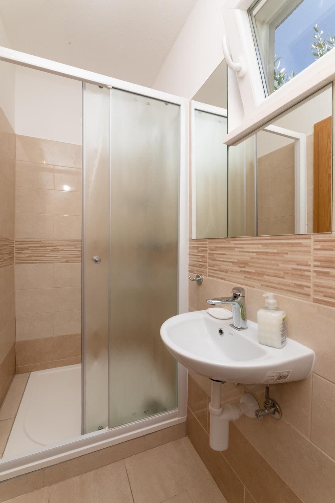 A modern bathroom with a glass shower enclosure, a white sink, and a mirror above it.