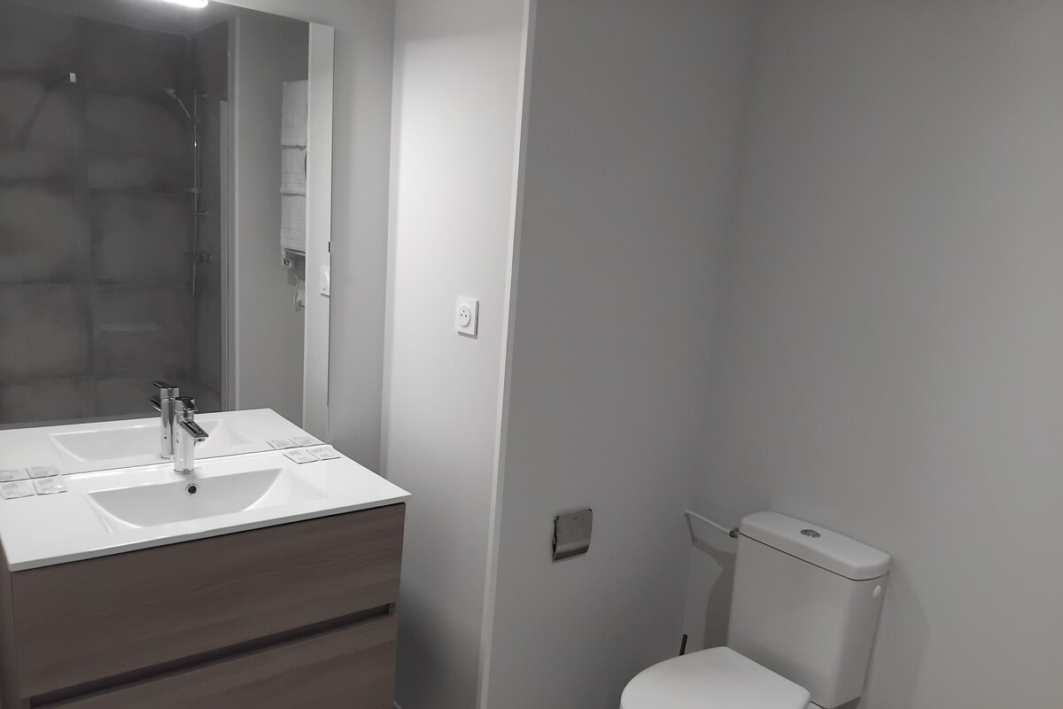 A bathroom with a white sink, a mirror, a toilet, and a shower area.