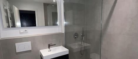 Shower, towels, soap, toilet paper