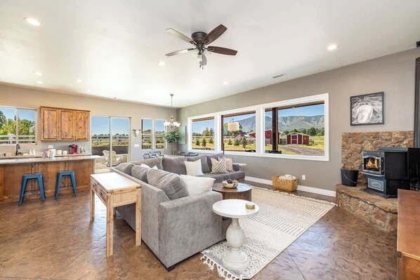 TV, fireplace, offices