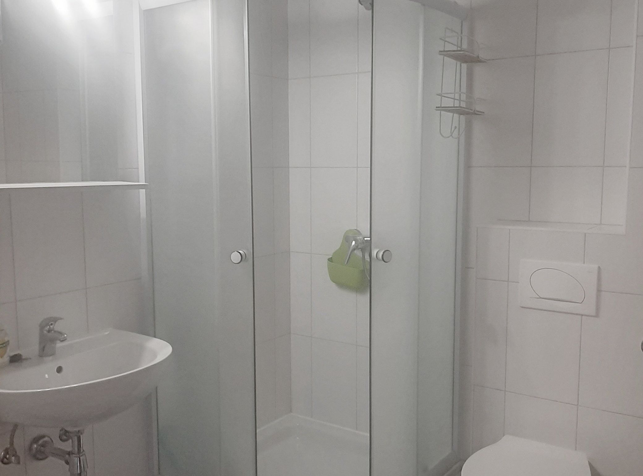 A bathroom with a glass-enclosed shower, a sink, and a toilet.