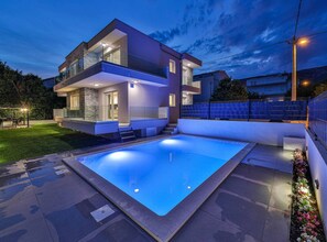 A modern two-story house with a swimming pool in the backyard. - Expansive Retreat With Private Pool & Bbq, Near the Beach (Kastela)