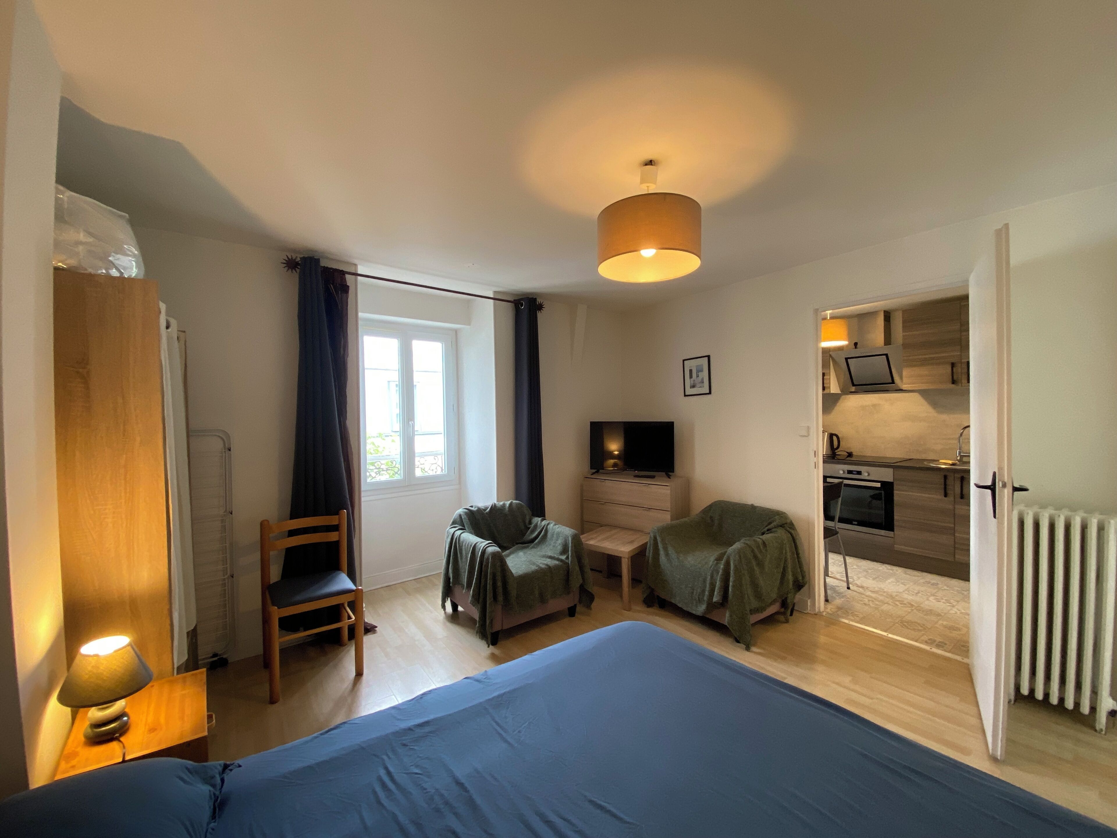 Une chambre comprenant un lit, un bureau, une chaise, une télévision et un coin cuisine.