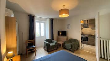 Een kamer met een bed, een bureau, een stoel, een televisie en een kitchenette.