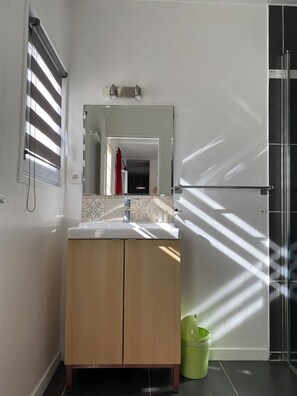 Superior appartement | Badkamer | Een douche, een haardroger, handdoeken, zeep