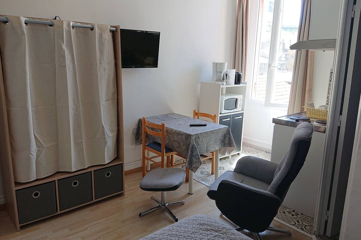 A small room with a shower curtain, a table with chairs, a TV, a microwave, and a chair.