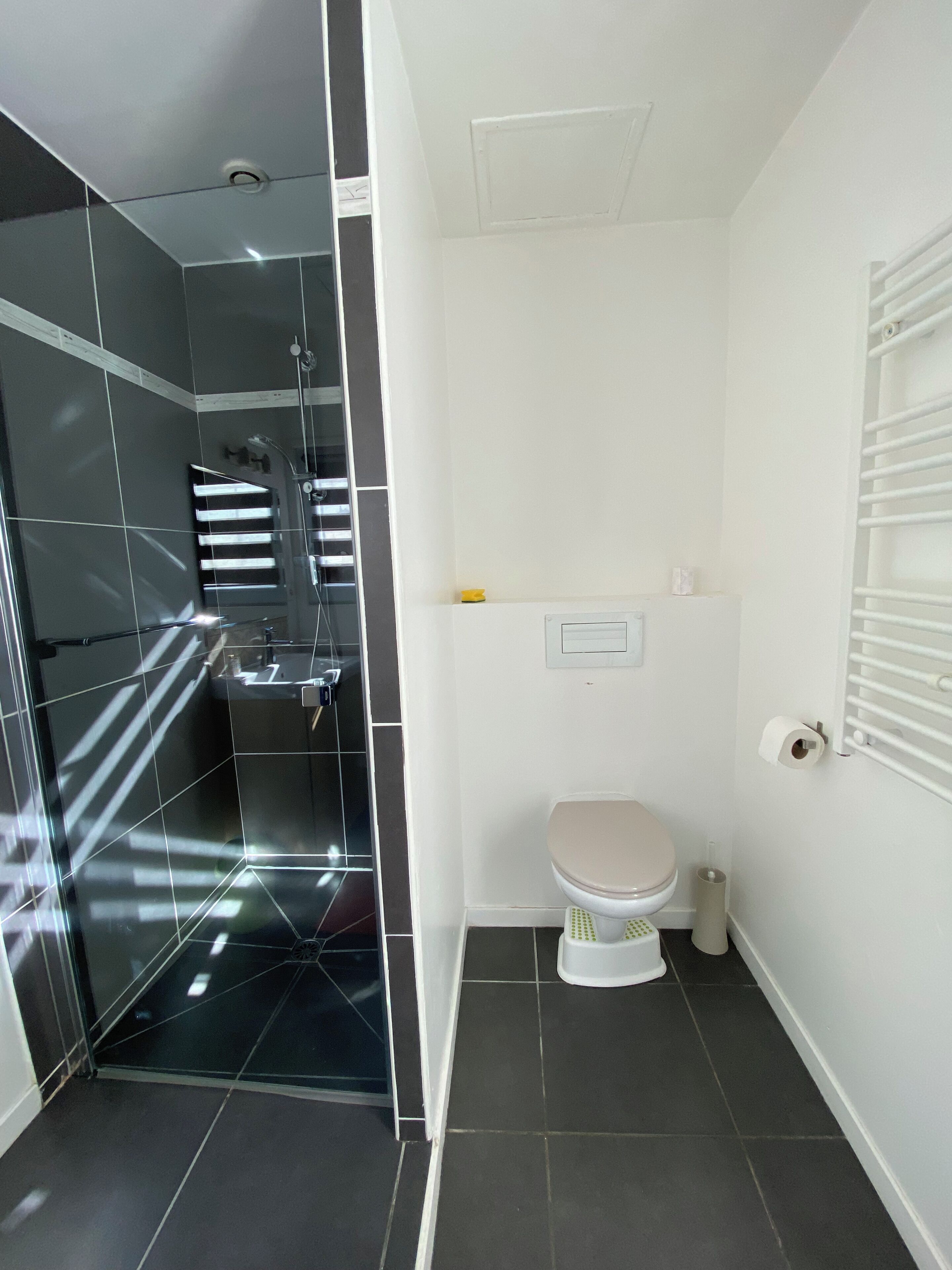A compact bathroom with a shower, toilet, and a small sink.