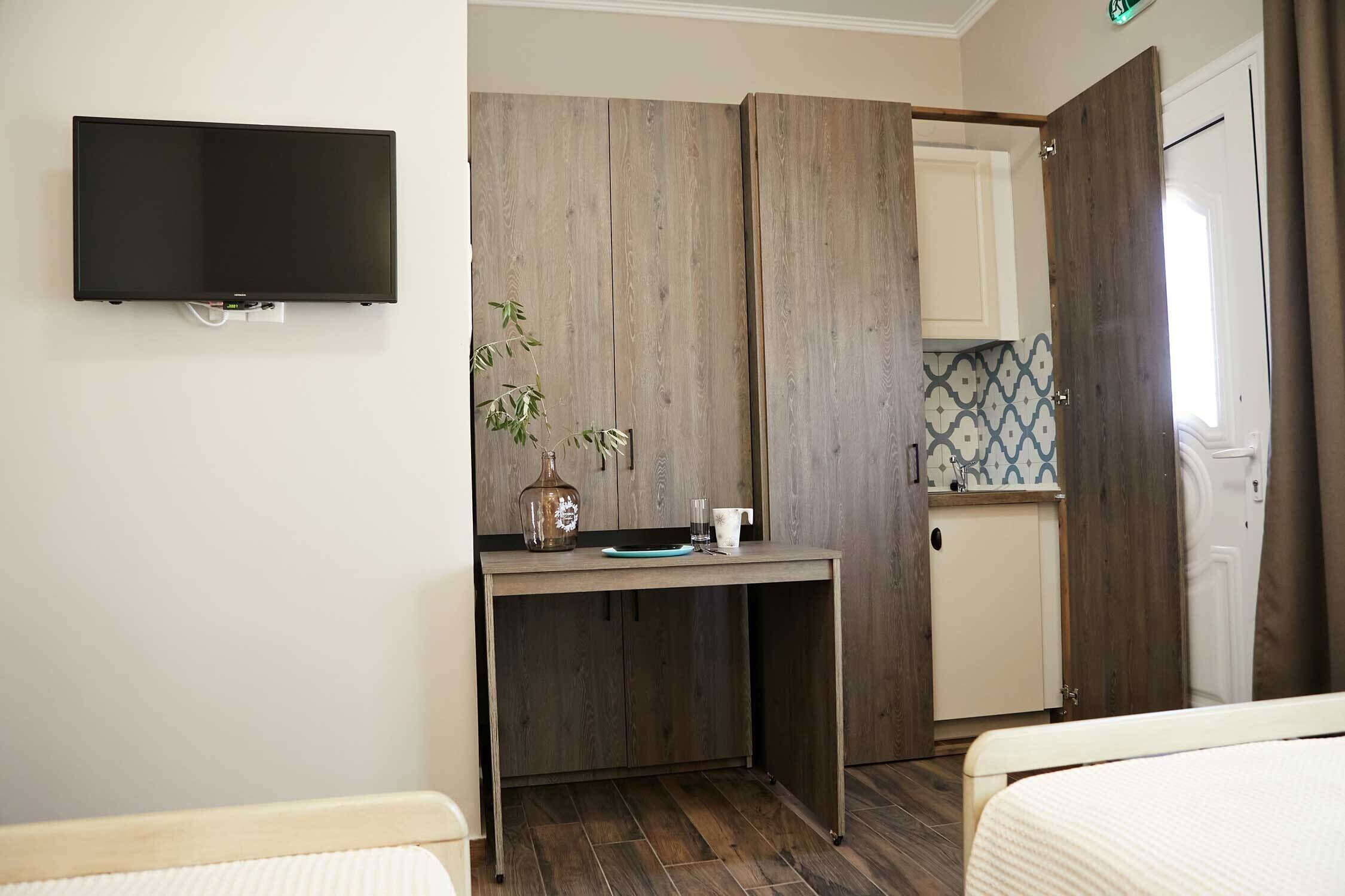 A hotel room with a bed, a desk with a plant, a television, and a small kitchenette.
