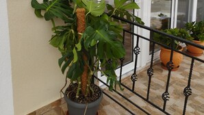 Een bord met een logo en tekst voor een traditioneel pension, een bloempot en een balkon met hekwerk.