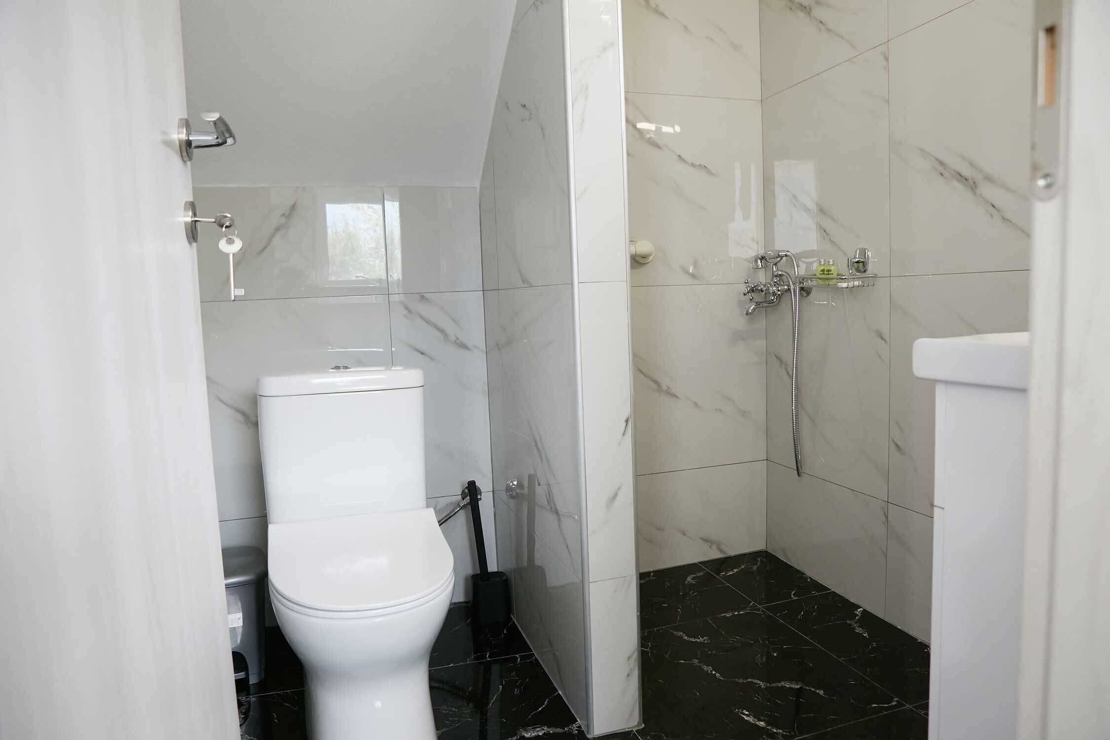 Une salle de bain avec des toilettes, une douche et un lavabo.
