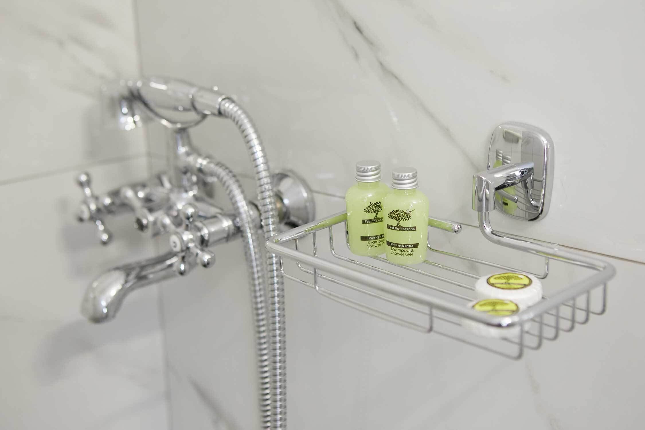 A bathroom with a shower, a handheld showerhead, and a glass shelf holding two bottles of shampoo and conditioner.