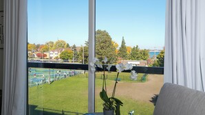 A view from a window with white curtains, featuring a tennis court, a grassy area, and a building with trees in the background.