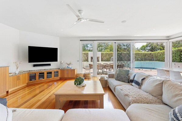 TV, fireplace, books, stereo
