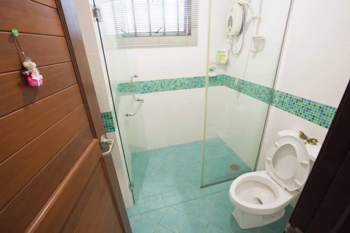 A bathroom with a glass shower enclosure, a toilet, and a wooden door.