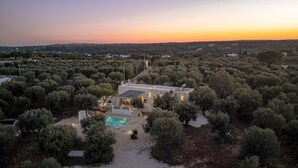 A modern villa with a swimming pool surrounded by olive trees, set against a sunset backdrop.