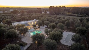A villa with a swimming pool, surrounded by olive trees and a tennis court.