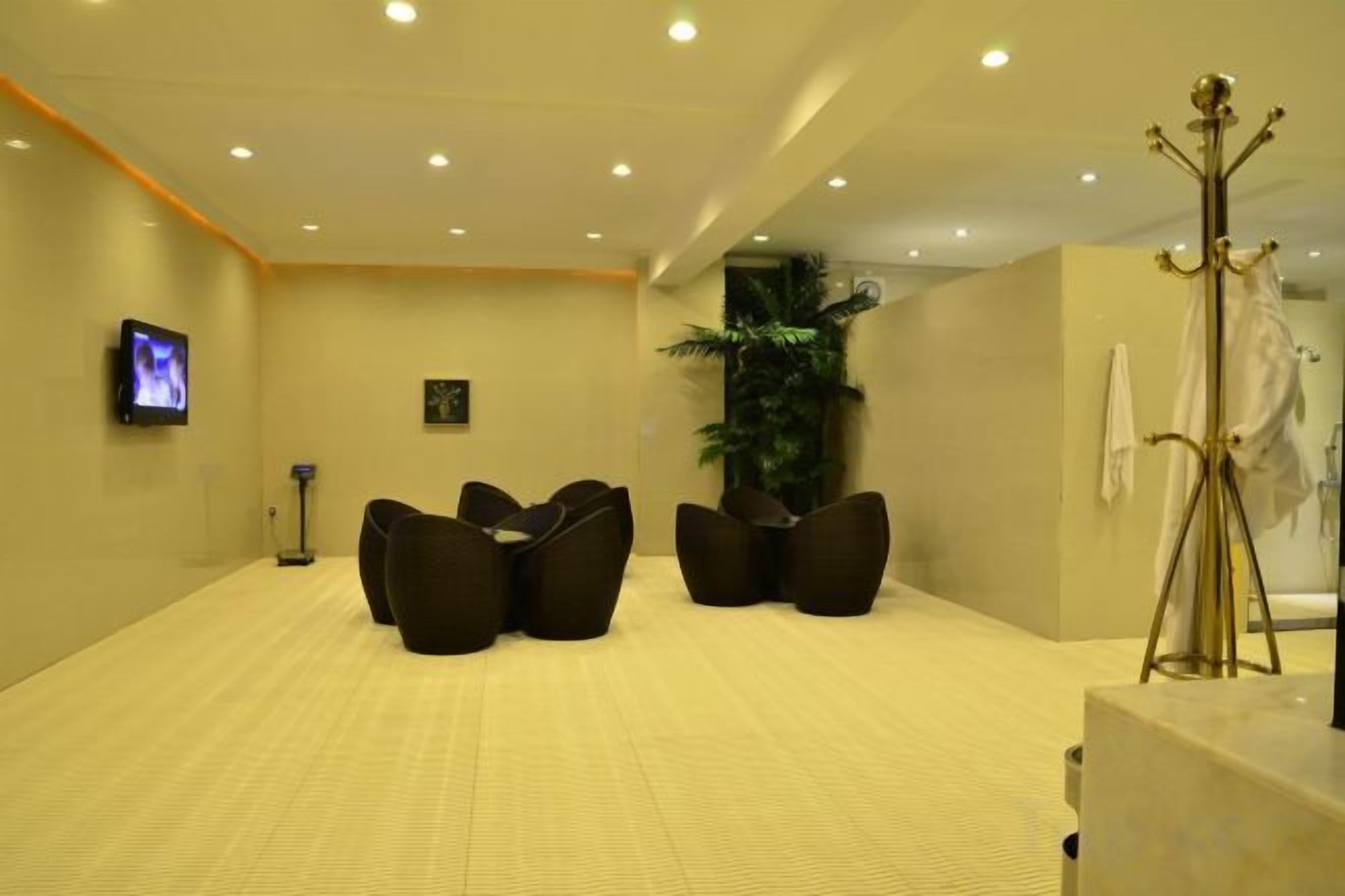 A hotel lobby with a reception desk, seating area, and a large plant.