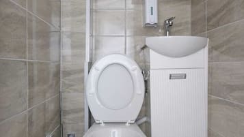 Ducha, secador de pelo, toallas, jabón